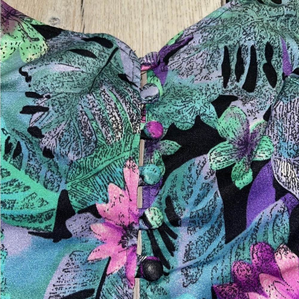 Vintage La Playa One Piece Button Down Swimsuit Size 16 Floral Tropical Boyshort - Picture 9 of 16